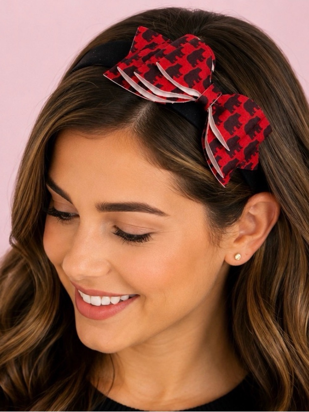Red Houndstooth Bear Bow Headband - Women's Fashion Accessory